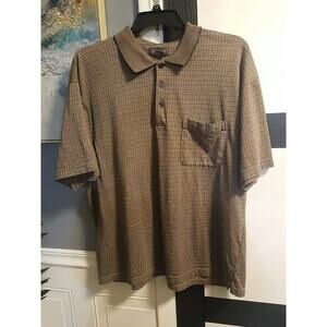 Gently Worn Van Heusen Polo Shirt Men's 2XL Brown Short Sleeve Plaid Casual